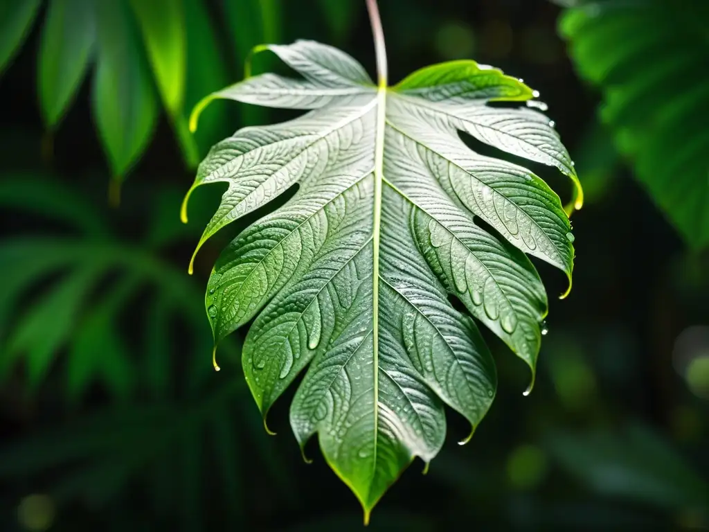 Detalle de una hoja verde vibrante cubierta de diminutas gotas de agua, con intrincadas venas