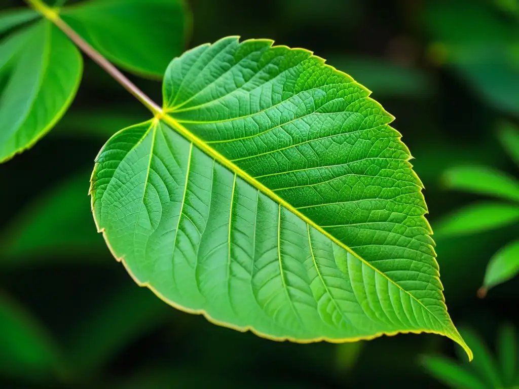 Detalle de hoja verde vibrante en la selva tropical con camuflaje de insectos, un microcosmos de supervivencia