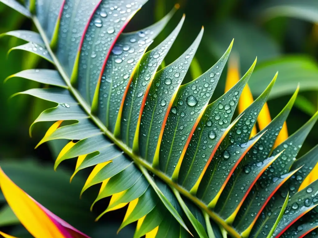 Detalle de hojas de planta tropical con patrones coloridos de espinas y gotas de agua, en hábitat selvático