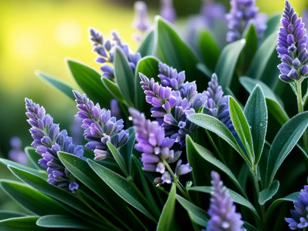 Detalle de hojas verdes y flores moradas de lavanda con gotas de agua, en un jardín ecológico, resaltando la belleza de las plantas medicinales