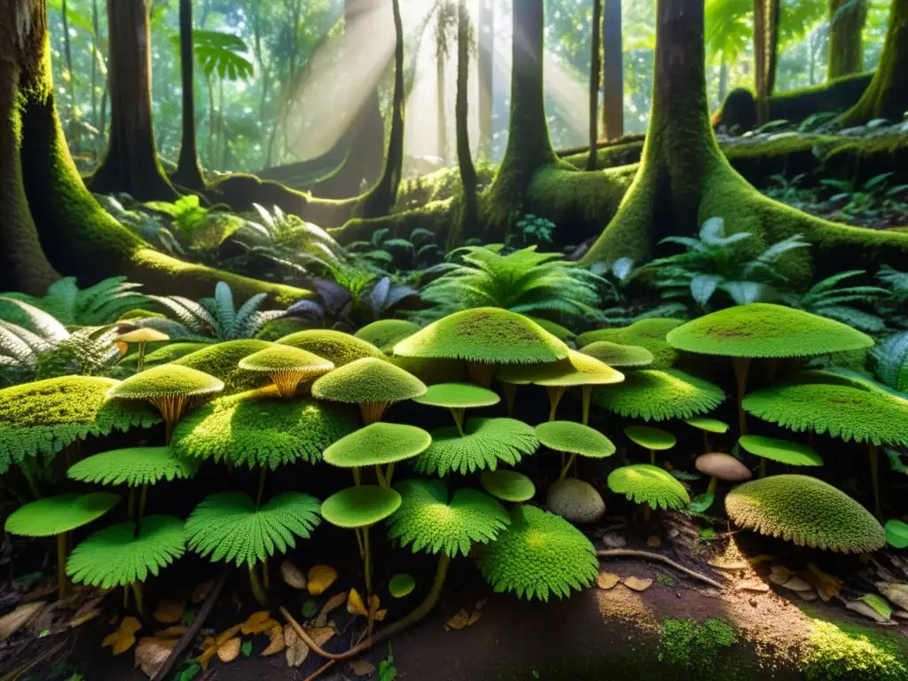 Detalle de la función de hongos y bacterias en suelos de selva, con una red intricada de microorganismos en un denso parche de bosque tropical