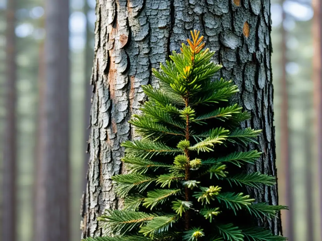 Detalle de la imponente conífera en la taiga siberiana, con su intrincado patrón de corteza, agujas de pino y juego sutil de luz