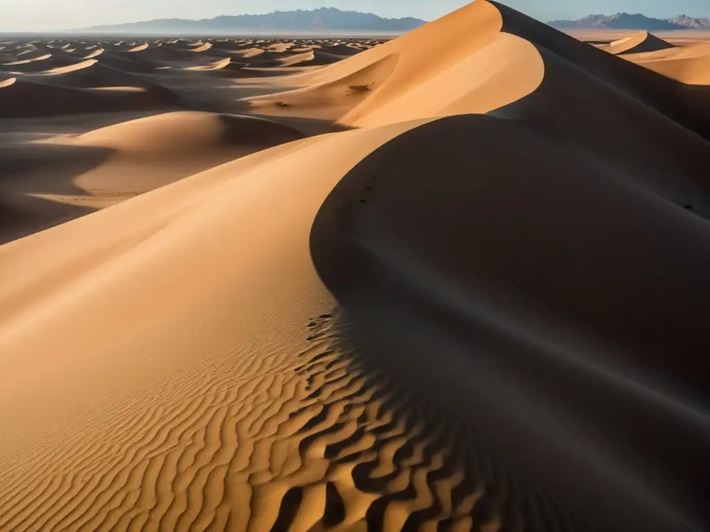 Detalle impresionante de una duna en el desierto del Gobi, con patrones de viento y sombras dramáticas