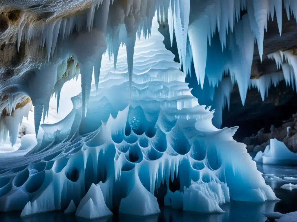 Majestuosa formación de hielo en cueva Detalle impresionante de formación de hielo en cueva, con patrones cristalinos y burbujas de aire
