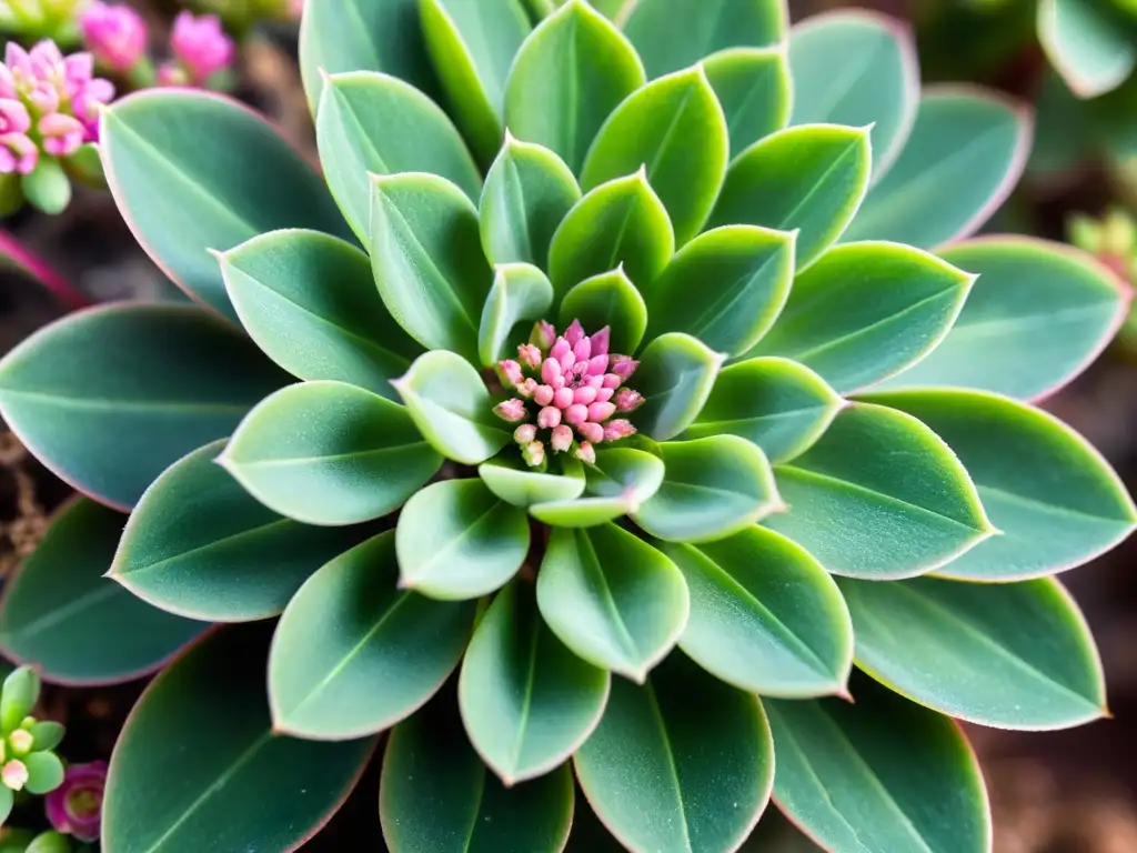 Detalle impresionante de la planta sedum con flores rosadas