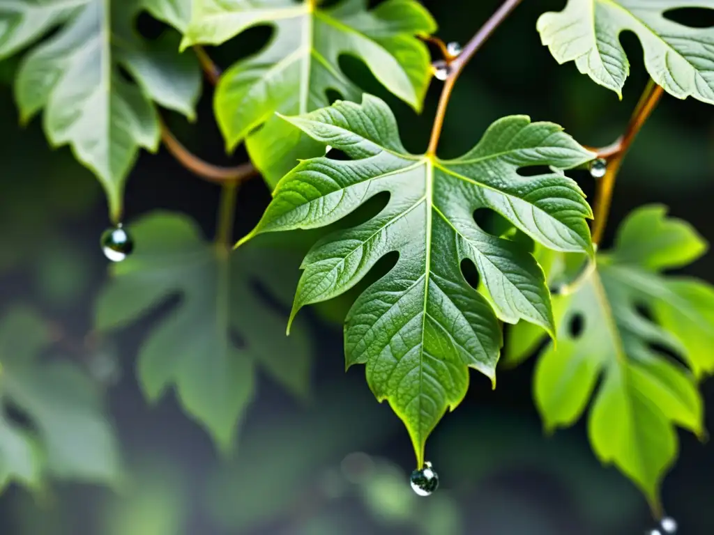 Detalle impresionante de plantas trepadoras para espacios verdes, con hojas verdes vibrantes y delicadas enredaderas envolviendo un enrejado metálico