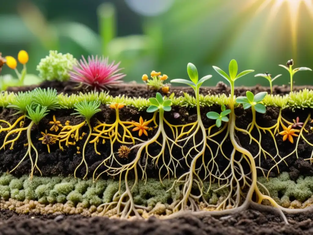 Detalle impresionante de restauración de hábitats mediante jardinería, mostrando la complejidad y belleza de la naturaleza en acción