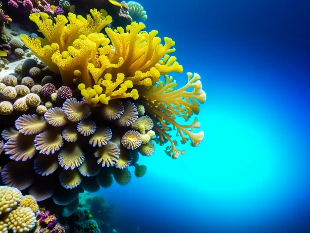 Detalle impresionante del vibrante arrecife de coral, con diversidad de especies en formas, tamaños y colores