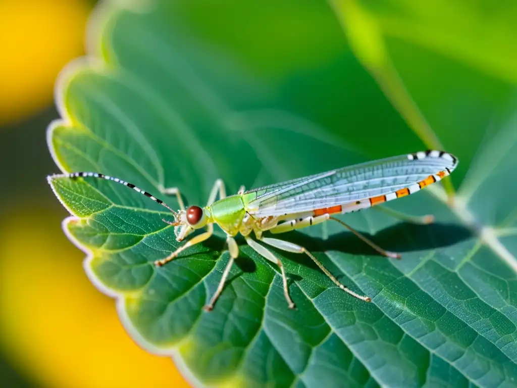 Detalle de insecto verde en hoja, impacto del cambio climático en ciclos de vida de insectos