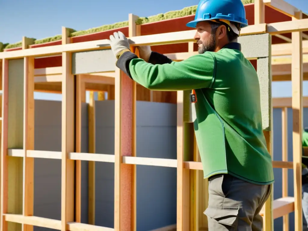 Detalle de la instalación de materiales innovadores para el hogar sostenible, resaltando su textura y tonos, en una construcción en proceso