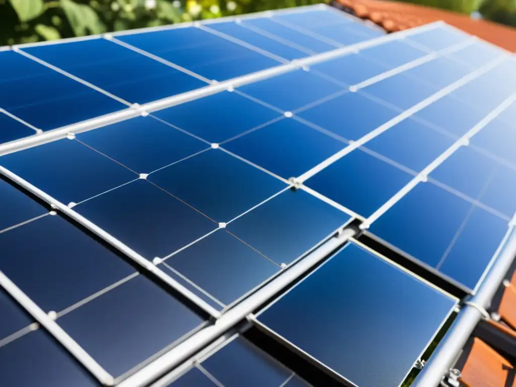 Detalle de instalación de paneles solares residenciales, capturando la energía renovable doméstica con un brillo cálido