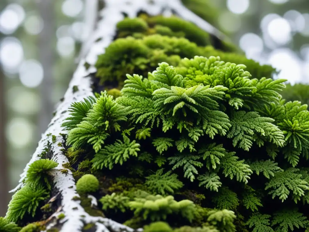 Detalle de musgo y líquenes en árbol de la taiga, adaptaciones animales en la taiga