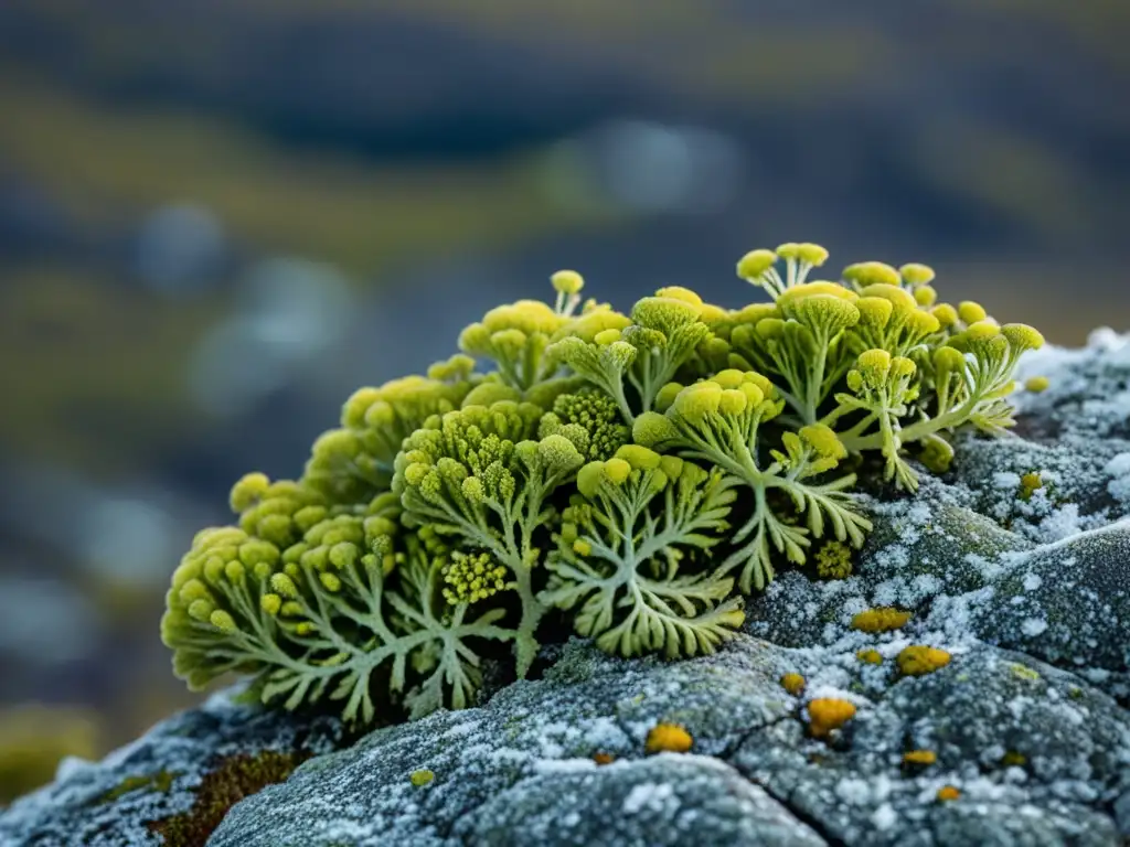 Detalle de líquenes árticos en la Tundra, mostrando la vitalidad del ciclo de nutrientes y el equilibrio en este entorno