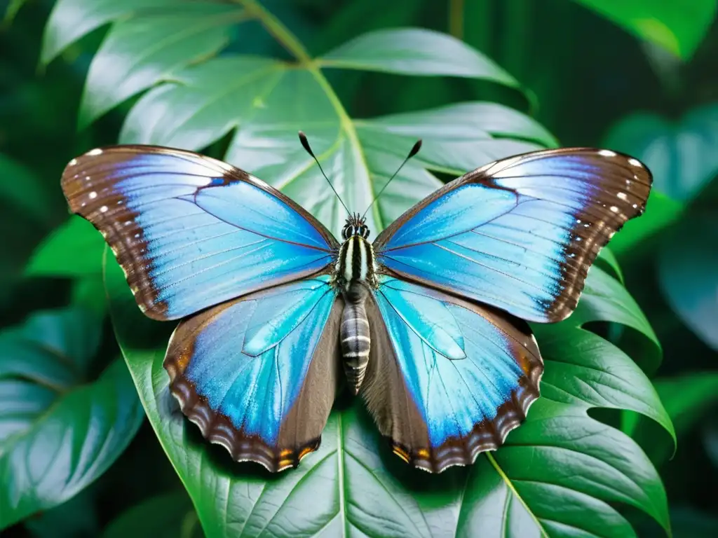 Detalle de mariposa azul morpho en hoja verde, mostrando la diversidad de insectos en selva tropical