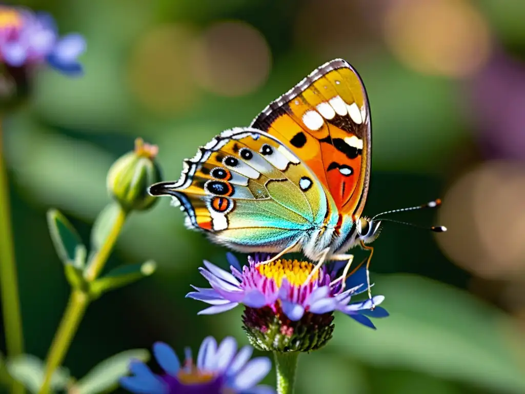 Detalle de mariposa iridiscente en flor morada, reflejando la luz del sol