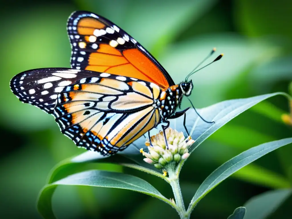 Detalle de una mariposa monarca naranja y negra en una planta de algodoncillo