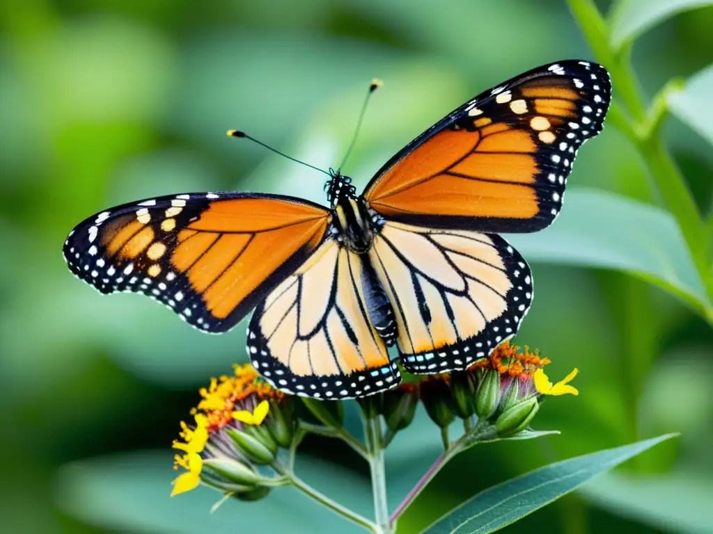 Detalle de una mariposa monarca en una planta de algodoncillo, resaltando sus alas y la importancia de la conservación global de mariposas