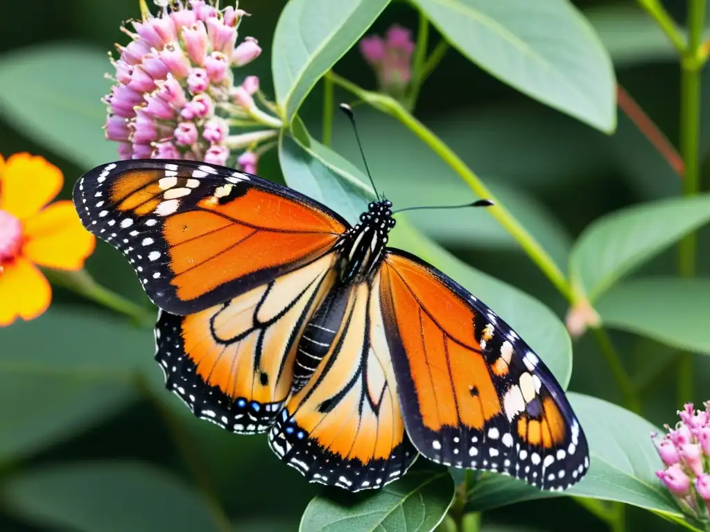 Detalle de una mariposa monarca posada en una flor de algodoncillo rosada, iluminada por el sol