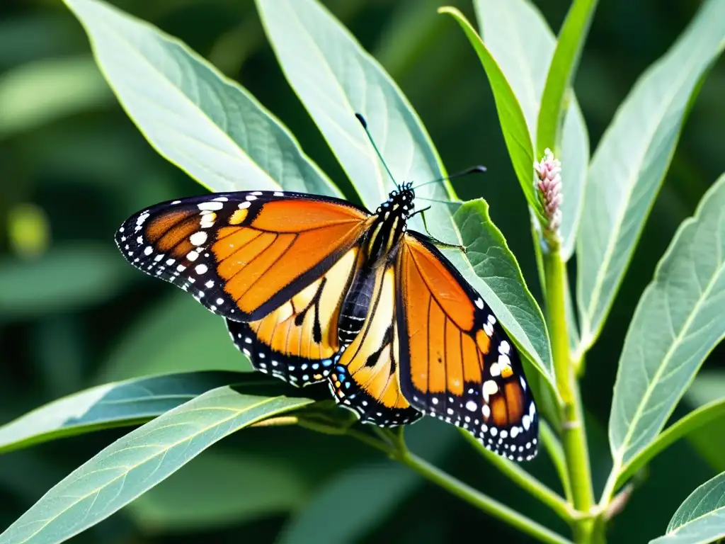 Detalle de mariposa monarca y planta de algodoncillo, resaltando la importancia de los insectos en la conservación de ecosistemas