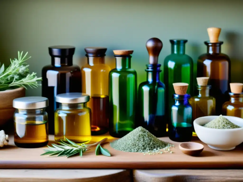 Detalle de mesa de boticario con ingredientes para curación natural de la piel, iluminada suavemente, mostrando colores y texturas auténticas