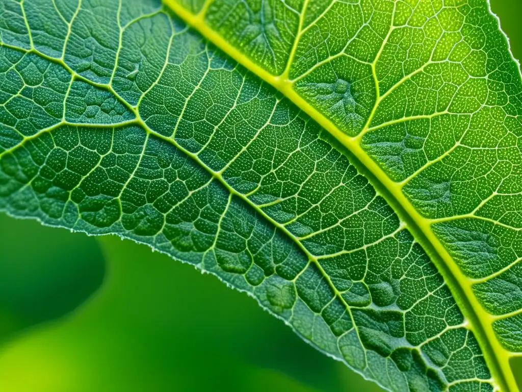 Detalle microscópico de una hoja de planta, resaltando la red de cloroplastos, estomas y venas