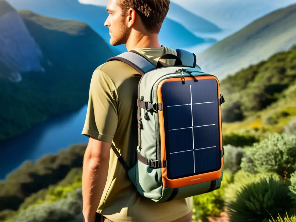 Detalle de mochila con paneles solares integrados, ideal para aventuras al aire libre