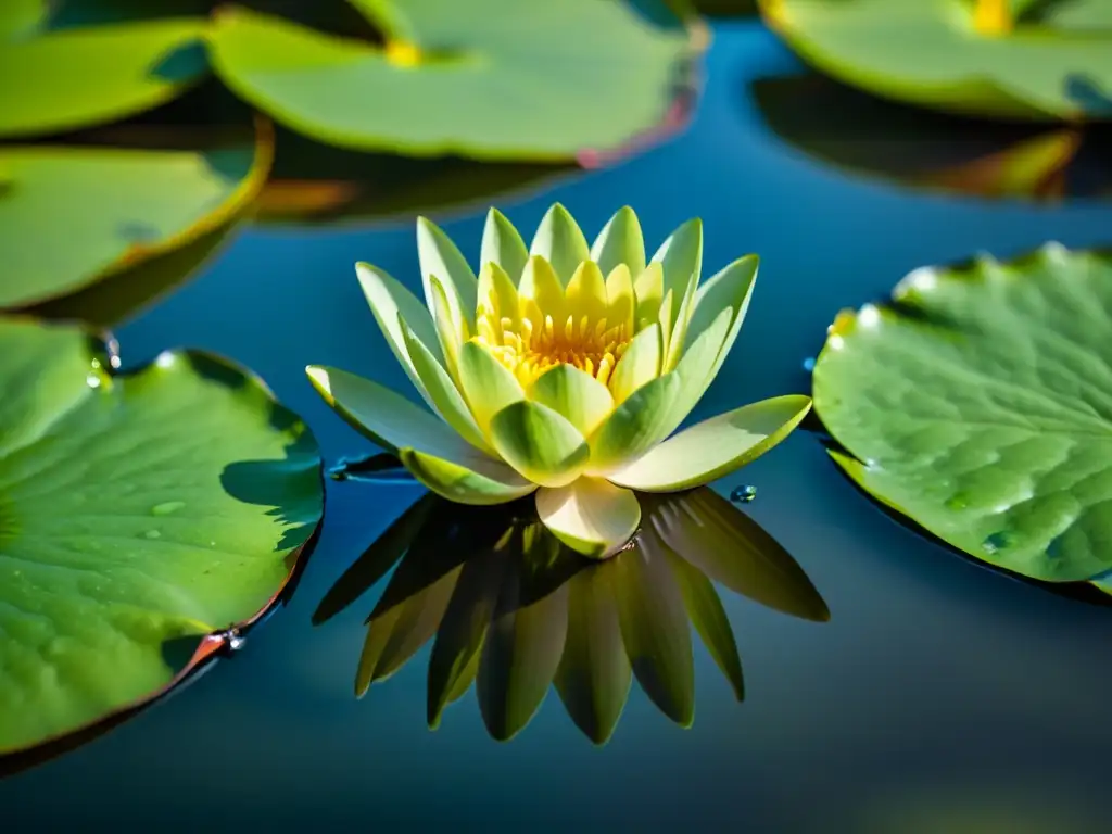 Detalle de un nenúfar verde flotando en un humedal, reflejando la diversidad vegetación humedales ecosistemas con claridad y serenidad