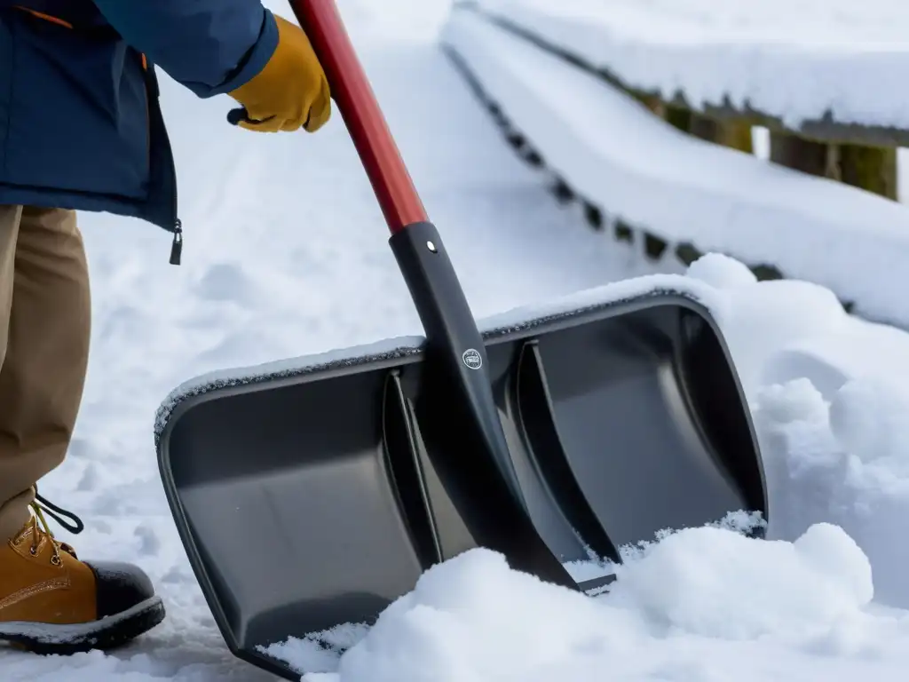 Detalle de una pala plegable para excursiones nevadas siendo cuidadosamente mantenida, mostrando durabilidad y confiabilidad