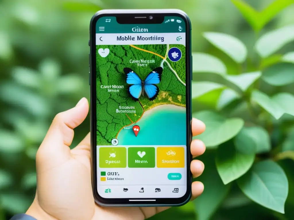 Detalle de la pantalla de una app móvil de monitoreo de biodiversidad ciudadano, con mapa, avistamientos de especies y foto de mariposa