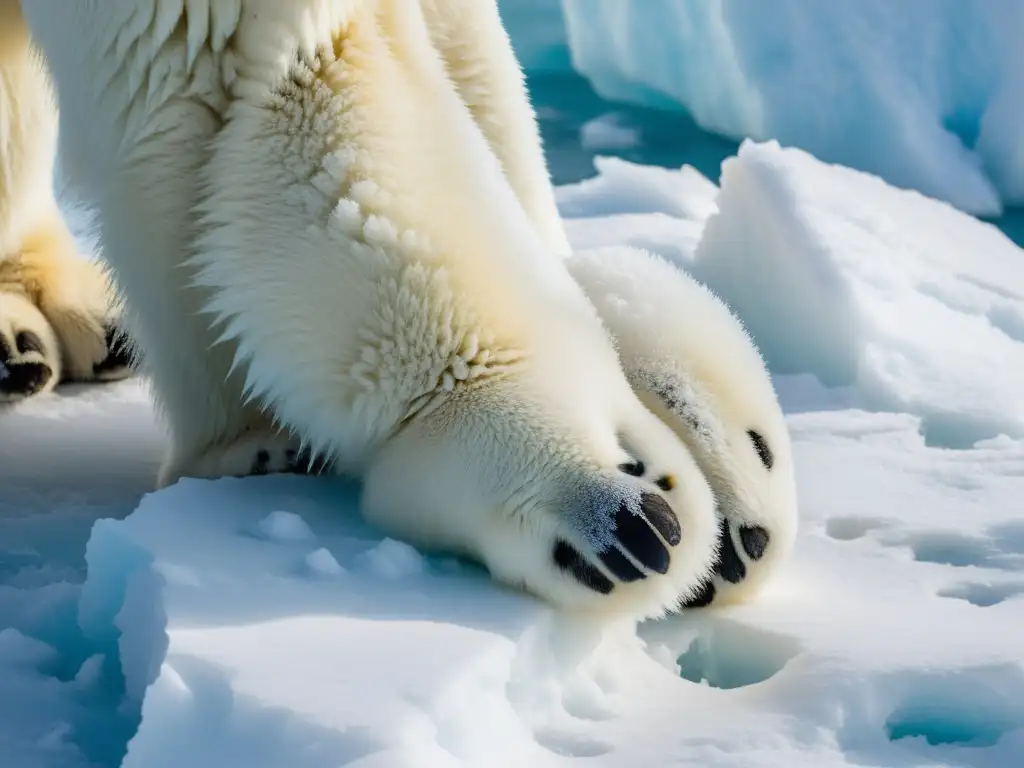 Detalle de la pata de oso polar en iceberg nevado, mostrando adaptaciones al clima ártico de Groenlandia