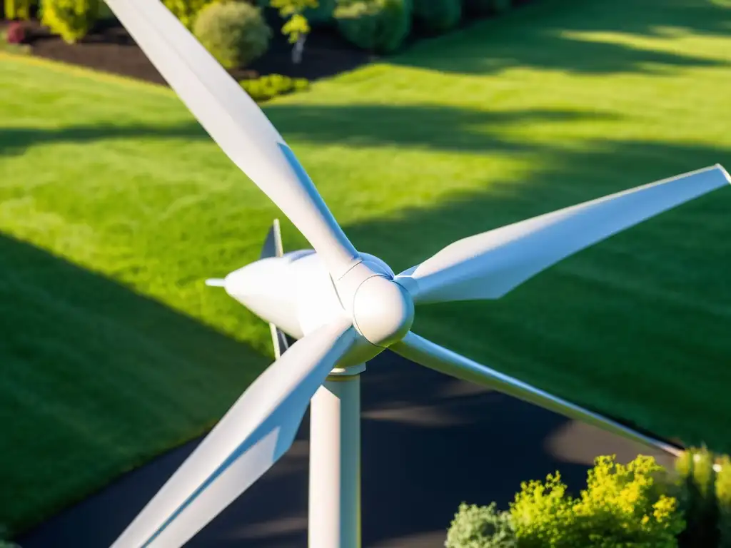 Detalle de una pequeña turbina eólica para casa en un jardín, rodeada de un paisaje verde