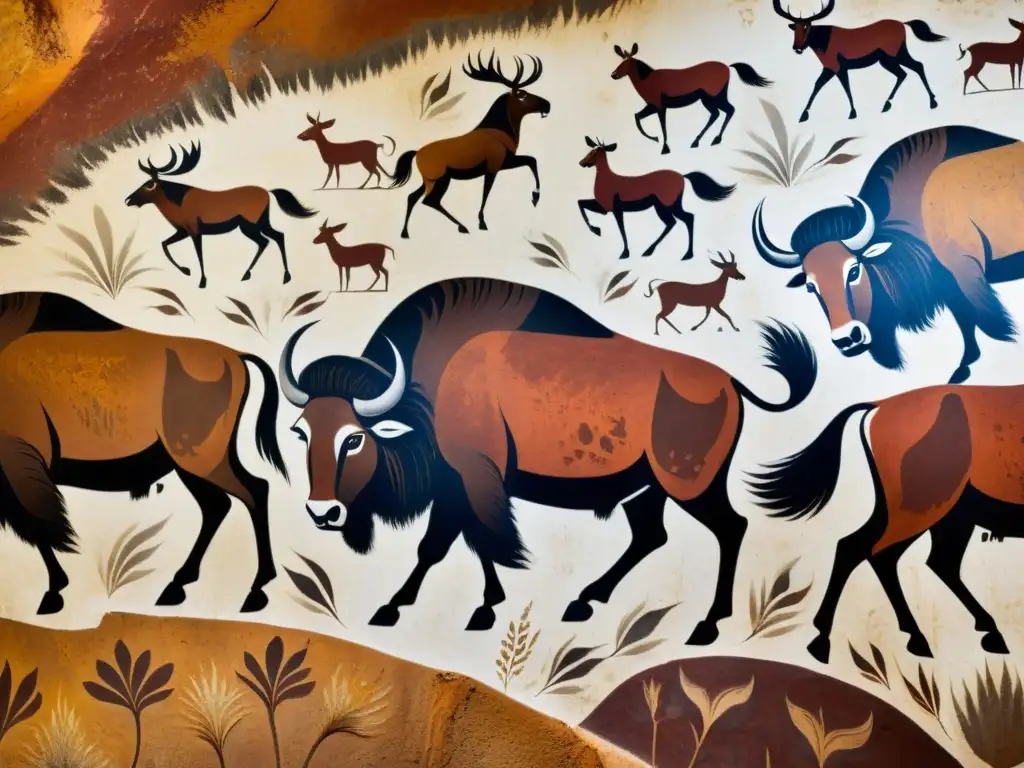 Detalle de pinturas rupestres de vida salvaje en cavernas con búfalos, ciervos y caballos en tonos terrosos vibrantes