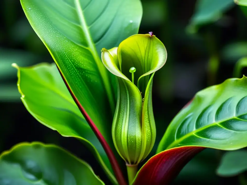 Detalle de una planta carnívora verde en selva tropical, adaptación impresionante