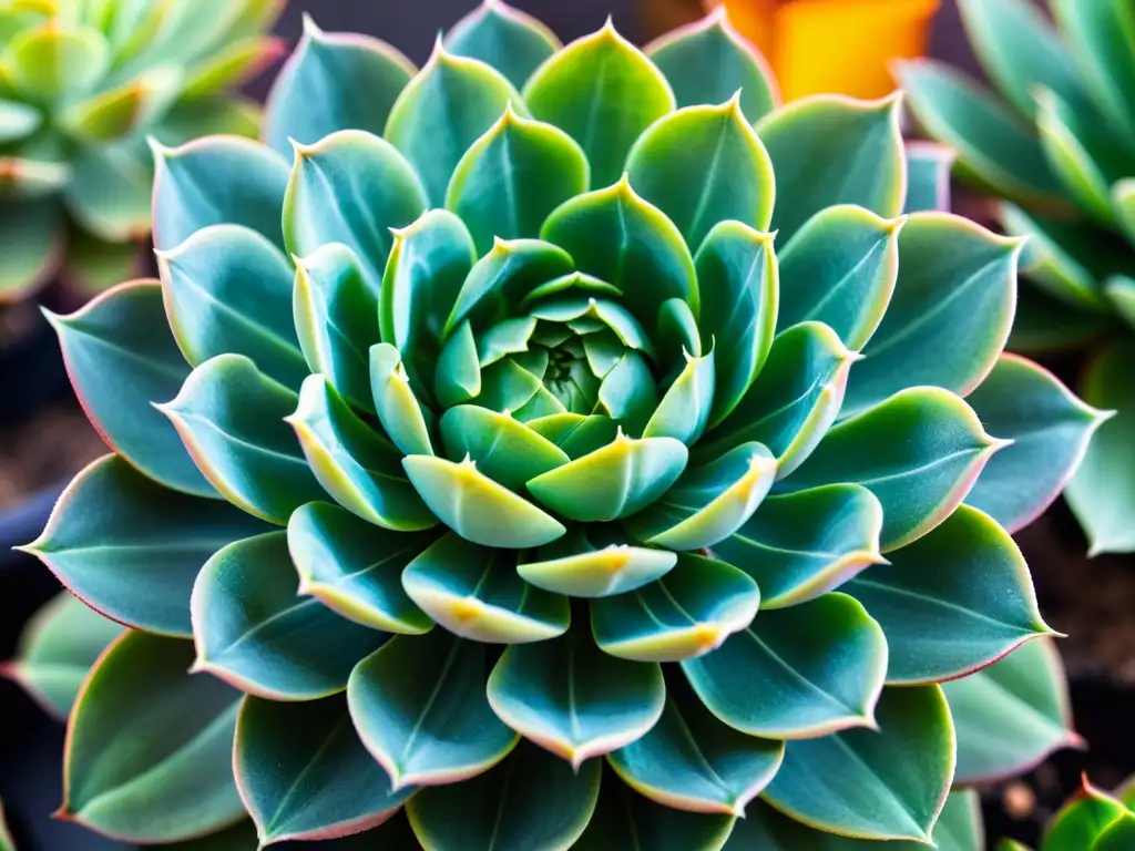 Detalle de planta suculenta Echeveria, con hojas verdes, patrones y texturas, resaltando su belleza natural