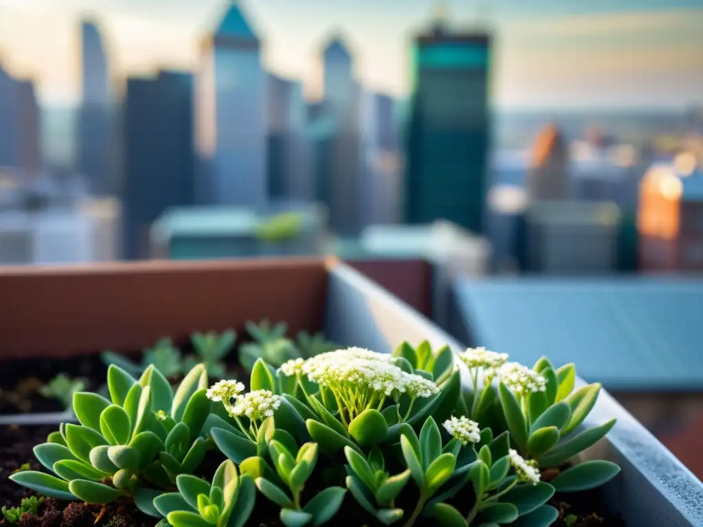 Detalle de planta sedum verde vibrante con flores blancas en una cubierta vegetal