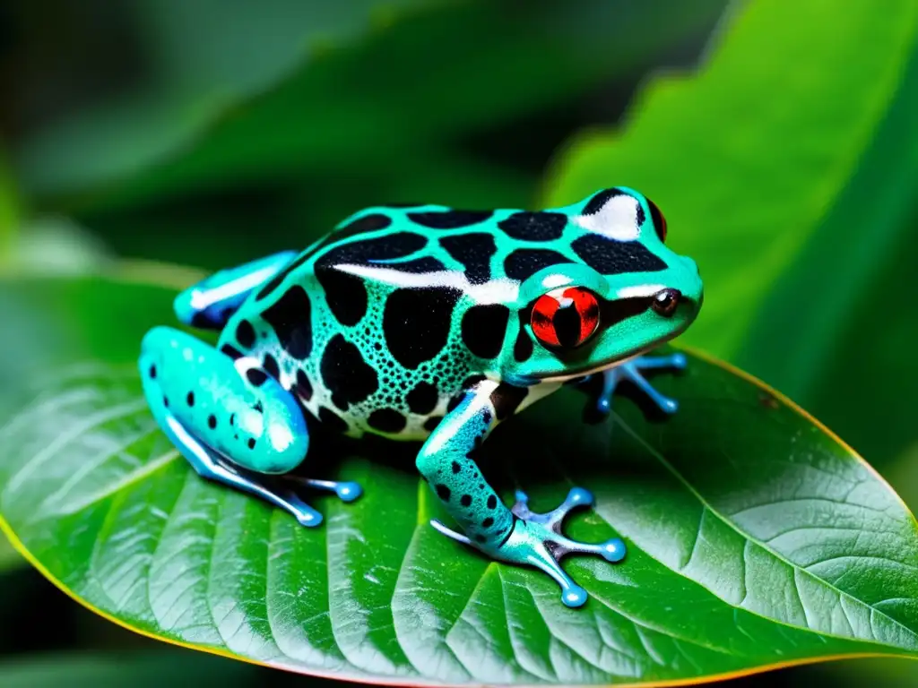 Detalle de una rana venenosa verde y negra en la exuberante selva tropical