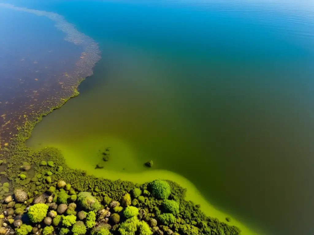 Detalle de un río contaminado con desechos flotantes, agua turbia y ausencia de vida acuática