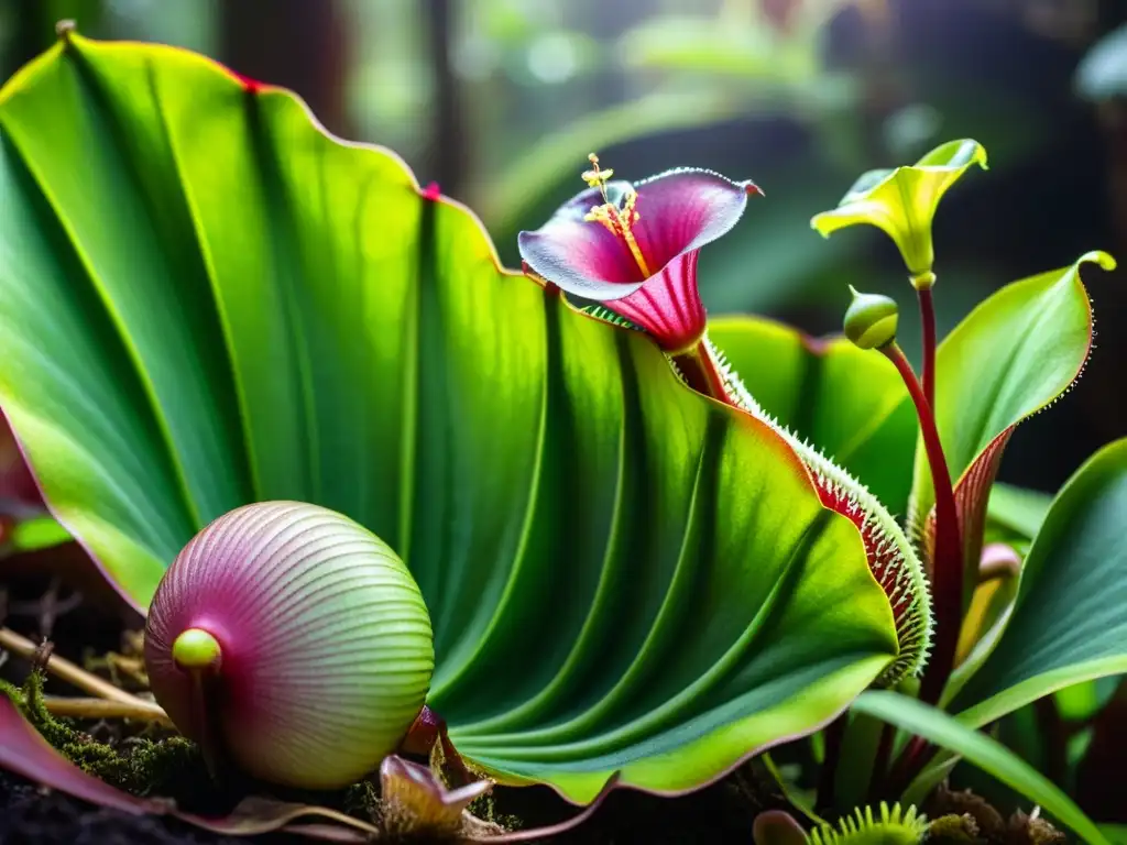 Detalle de selva tropical con plantas carnívoras en su rol ecosistémico