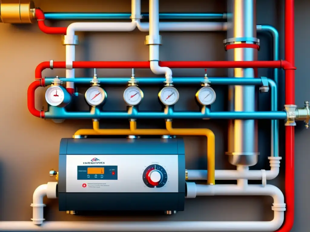 Detalle de sistema de calefacción doméstica moderna mostrando el aprovechamiento del calor residual en la red de tuberías, válvulas y medidores