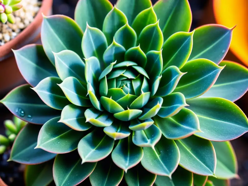 Detalle de una suculenta verde con gotas de agua