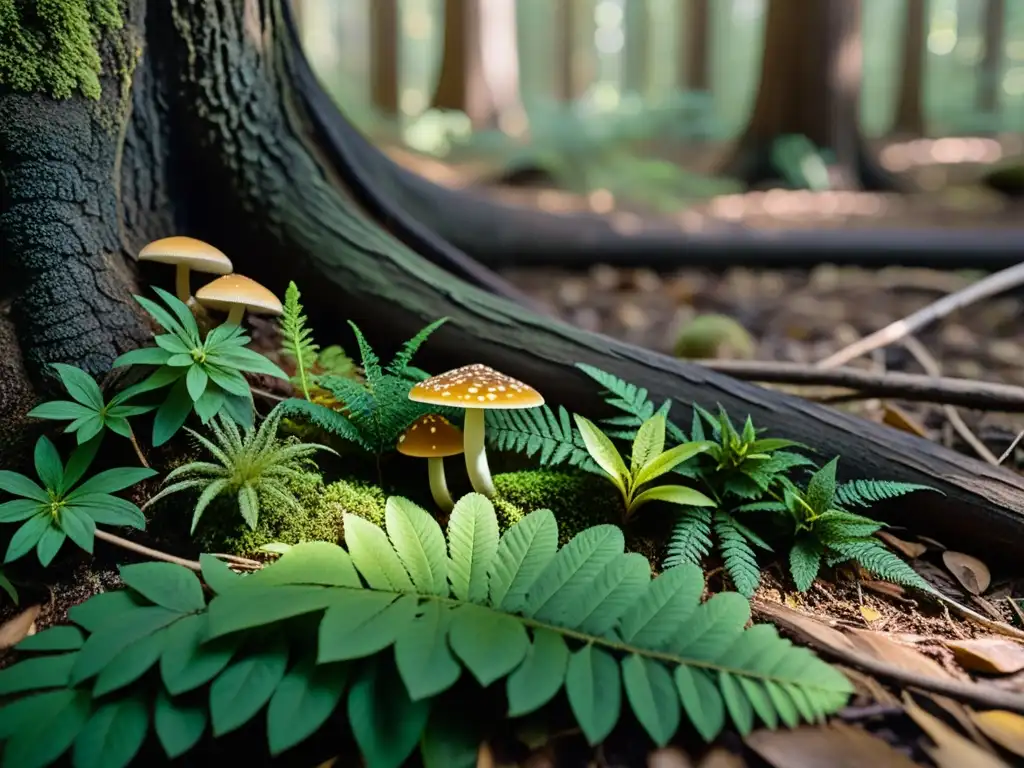 Detalle del suelo del bosque templado, mostrando el parasitismo en bosques templados y la complejidad de las interacciones ecológicas