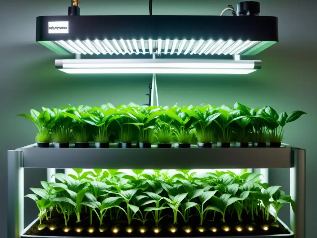 Detalle de técnicas de cultivo sostenible, mostrando sistema hidropónico y aeropónico en ambiente controlado con plantas prósperas y equipamiento preciso