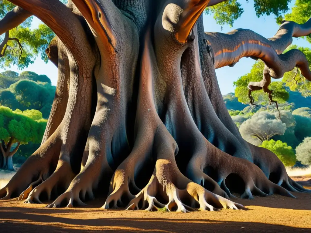 Detalle de tronco de árbol La Carrasca centenario con textura rugosa y patrones naturales