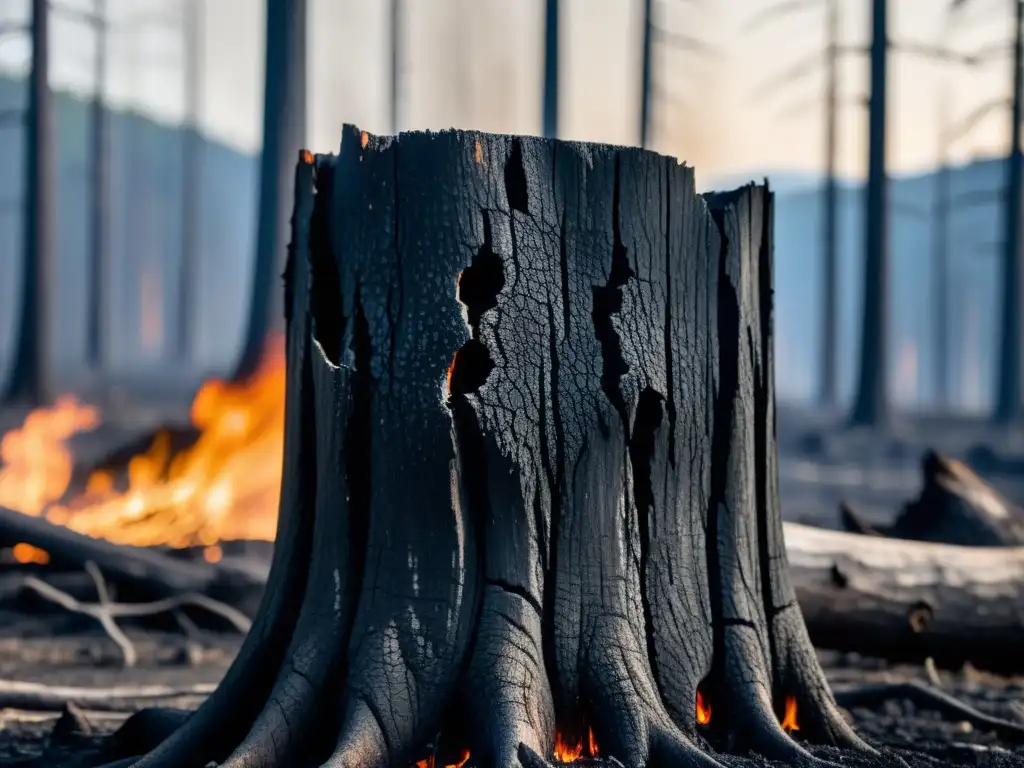 Detalle en alta definición de un tronco carbonizado tras un incendio forestal