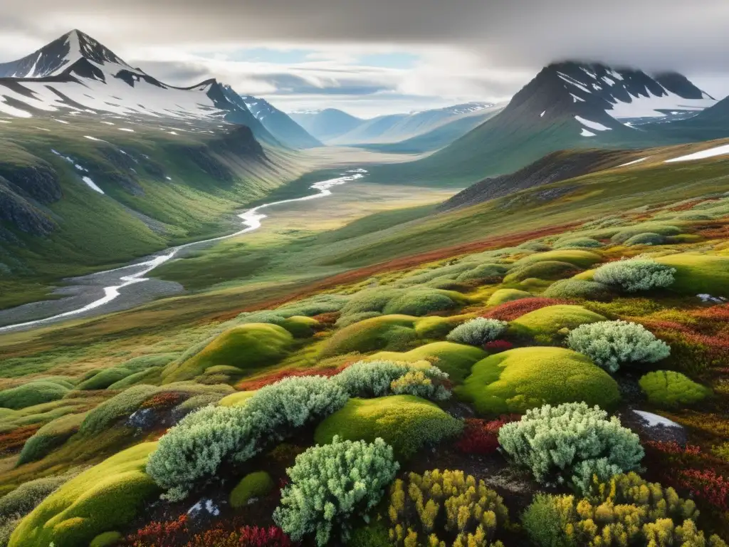 Detalle de la vegetación de la tundra en la vasta y hermosa naturaleza del norte, con montañas nevadas al fondo y un cielo despejado