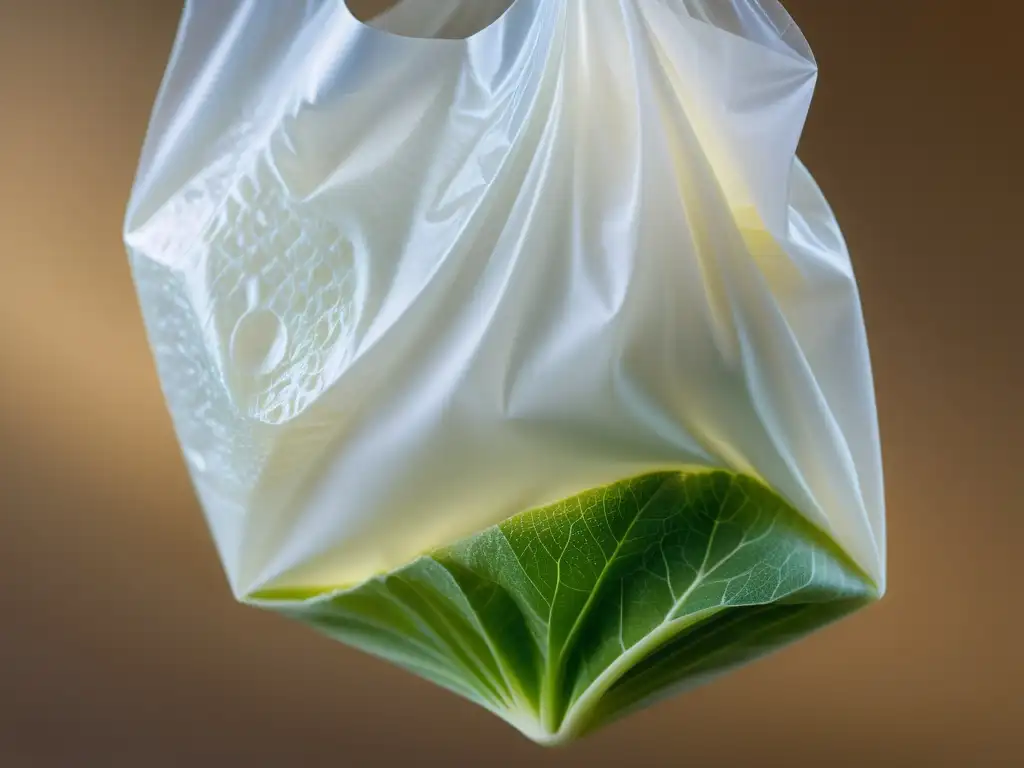 Detalle ultradetallado de una bolsa de bioplástico biodegradable, destacando su textura ecológica