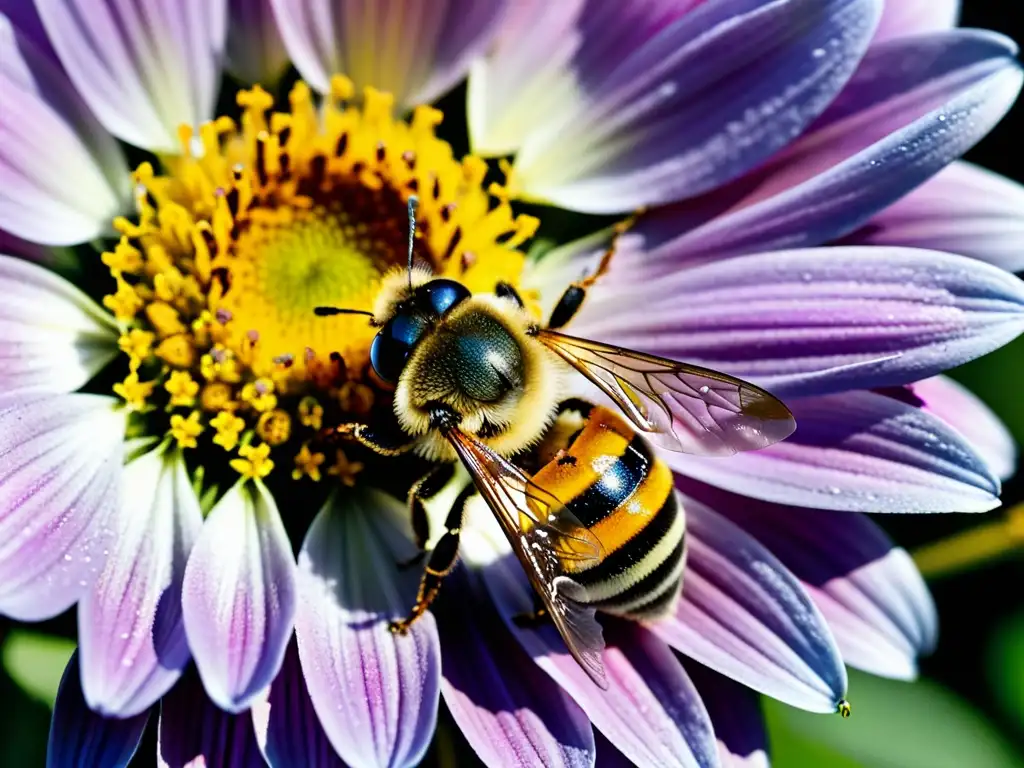 Detalle ultrarrealista de una abeja cubierta de polen, interactuando con una flor vibrante