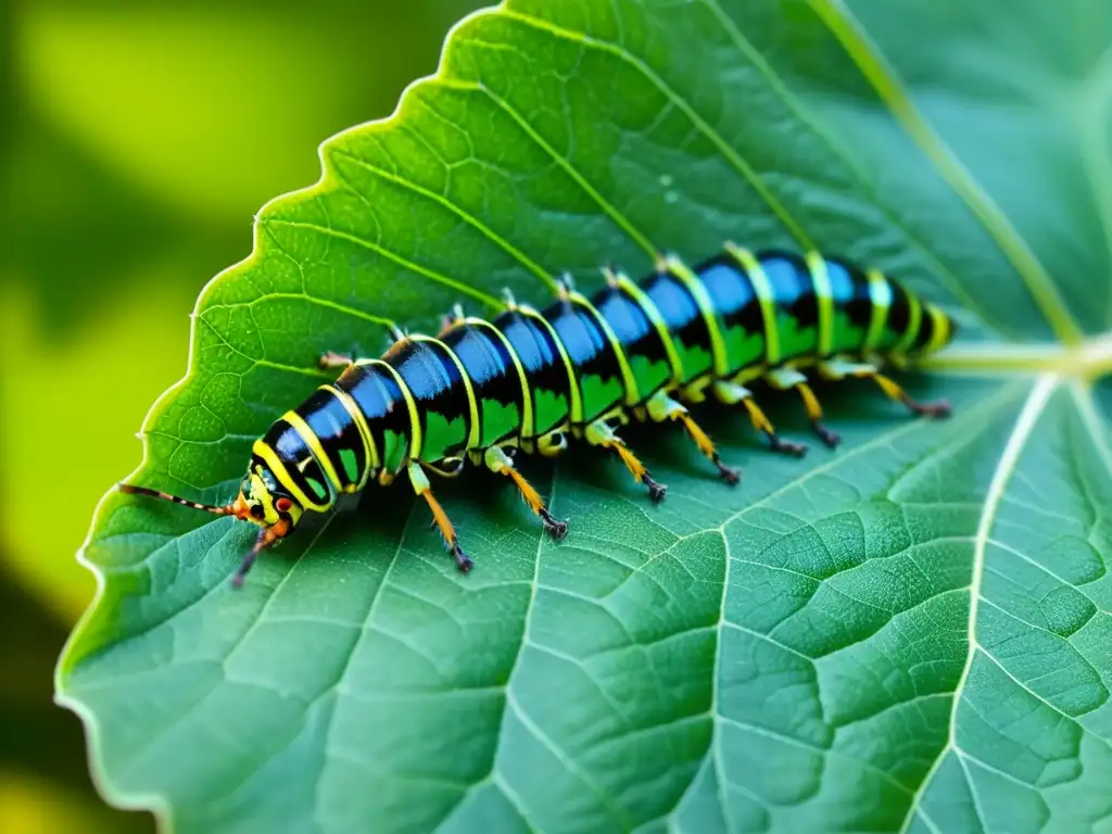 Detalle ultrarrealista de un insecto fitófago devorando una hoja verde, mostrando la evolución de plantas y herbívoros