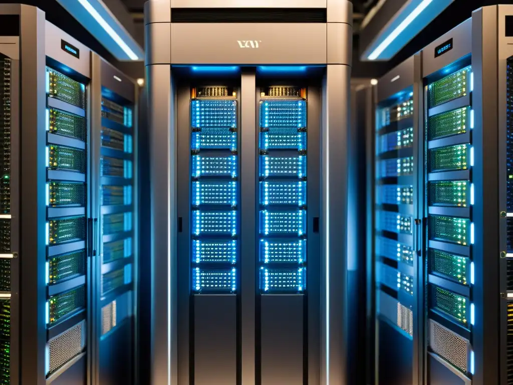 Detalle de alta resolución de la unidad de procesamiento central de un supercomputador, con circuitos intrincados y sistemas de enfriamiento visibles