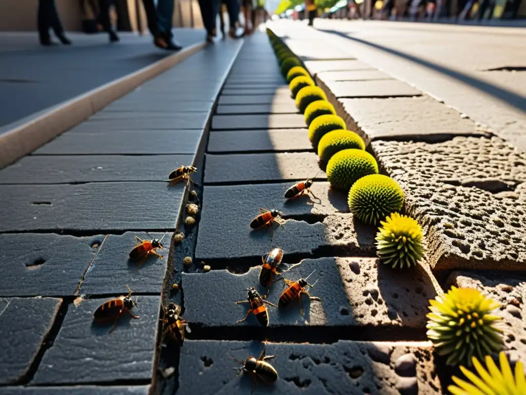 Detalle urbano: insectos en ecosistemas urbanos, con patrones y movimientos en el entorno citadino, bajo la luz solar